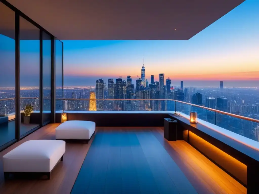 Penthouse de lujo con vistas panorámicas al atardecer en la ciudad Penthouse de lujo en mercados emergentes, con diseño moderno y vistas urbanas al atardecer