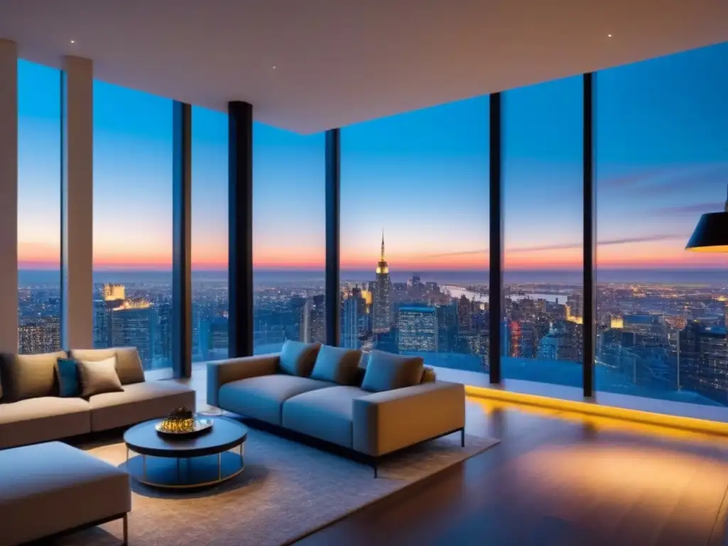 Penthouse de lujo con tecnología de vanguardia en la ciudad Penthouse de lujo con tecnología de vanguardia en la ciudad al anochecer, fusionando propiedades emergentes y lujo