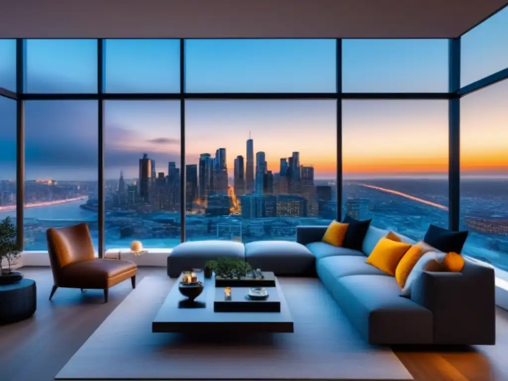 Penthouse moderno con vistas a la ciudad, ventanales y terraza panorámica Penthouse de lujo con vista a la ciudad, ventanales, mobiliario contemporáneo y terraza panorámica