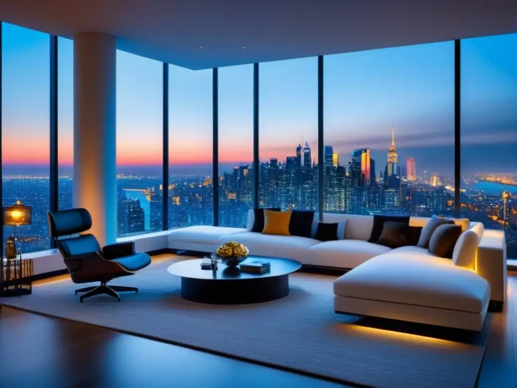 Penthouse de lujo con diseño moderno y vistas nocturnas a la ciudad Penthouse de lujo con vista nocturna de la ciudad, mobiliario elegante y sistema de entretenimiento de última generación