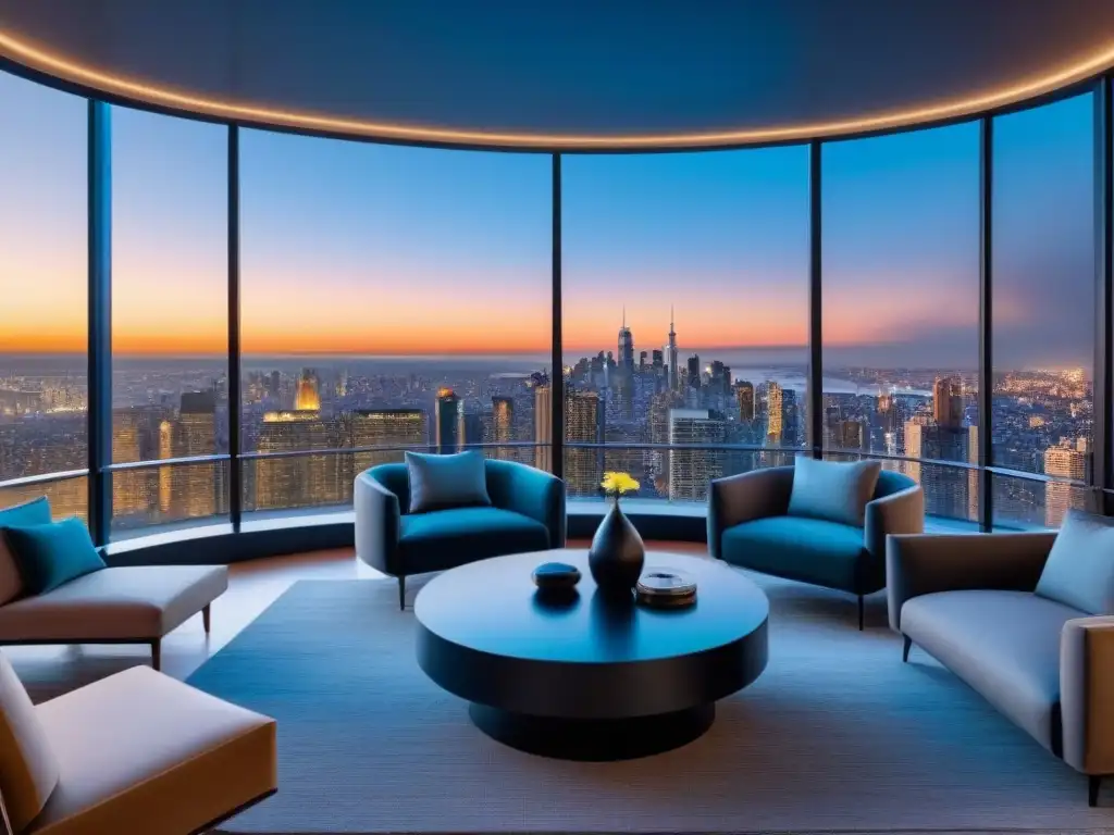 Penthouse de lujo con vista panorámica en la ciudad Un penthouse de lujo con vistas a la ciudad, mobiliario contemporáneo y terraza privada con panorámicas