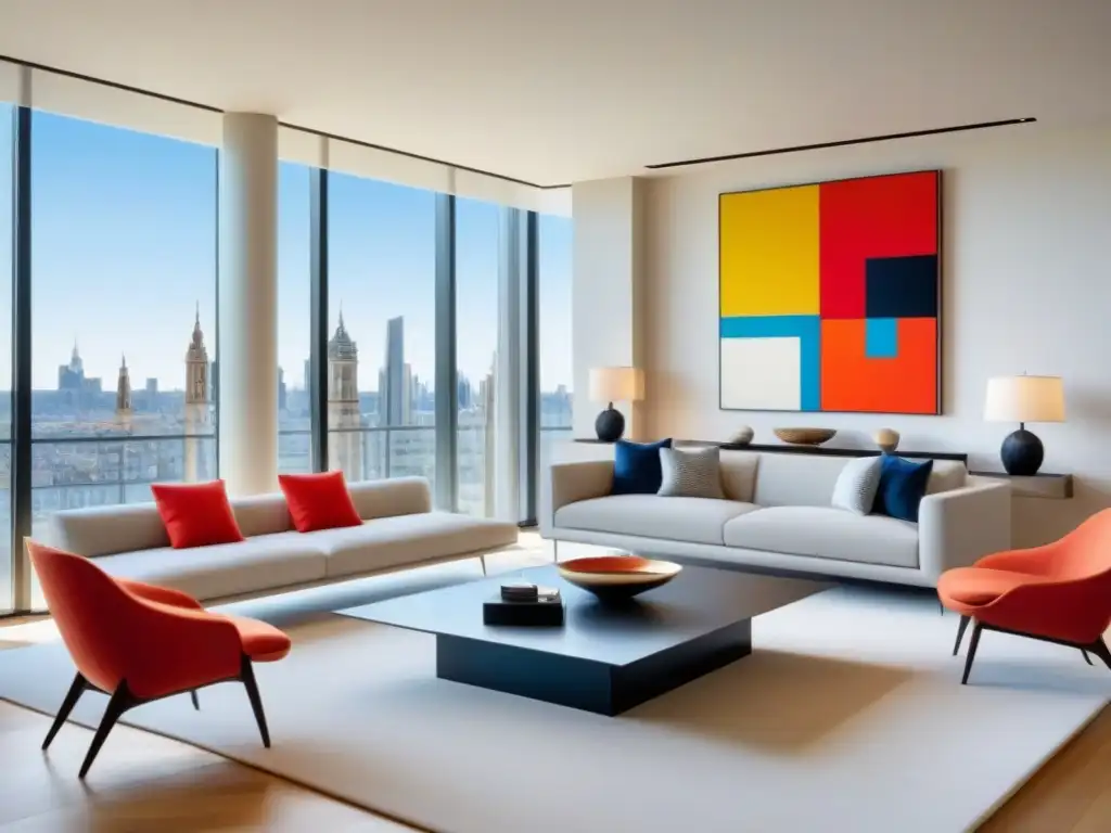Salón de lujo con arte contemporáneo y diseño minimalista en penthouse Un penthouse lujoso con diseño inmobiliario arte emocional: sala moderna, arte contemporáneo, luz natural y muebles minimalistas