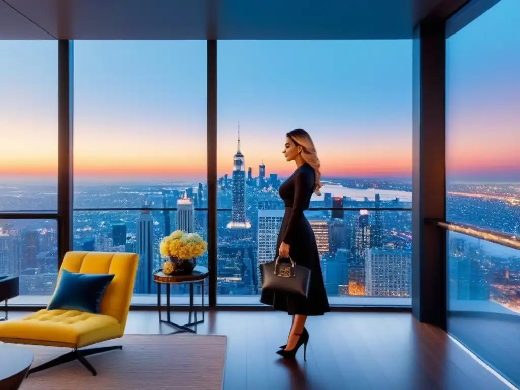 Penthouse de lujo con vista panorámica al atardecer Un penthouse lujoso y moderno con vista a la ciudad al atardecer