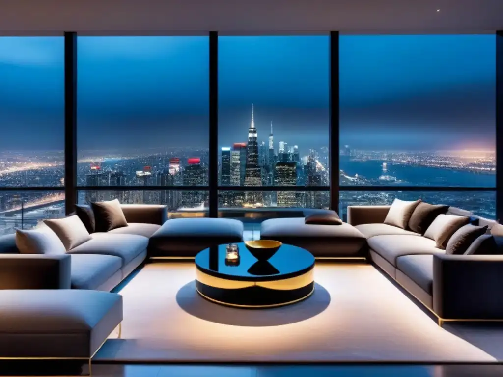 Penthouse de lujo en rascacielos: sofisticación y opulencia nocturna Un penthouse lujoso en un rascacielos moderno con vista a la ciudad de noche