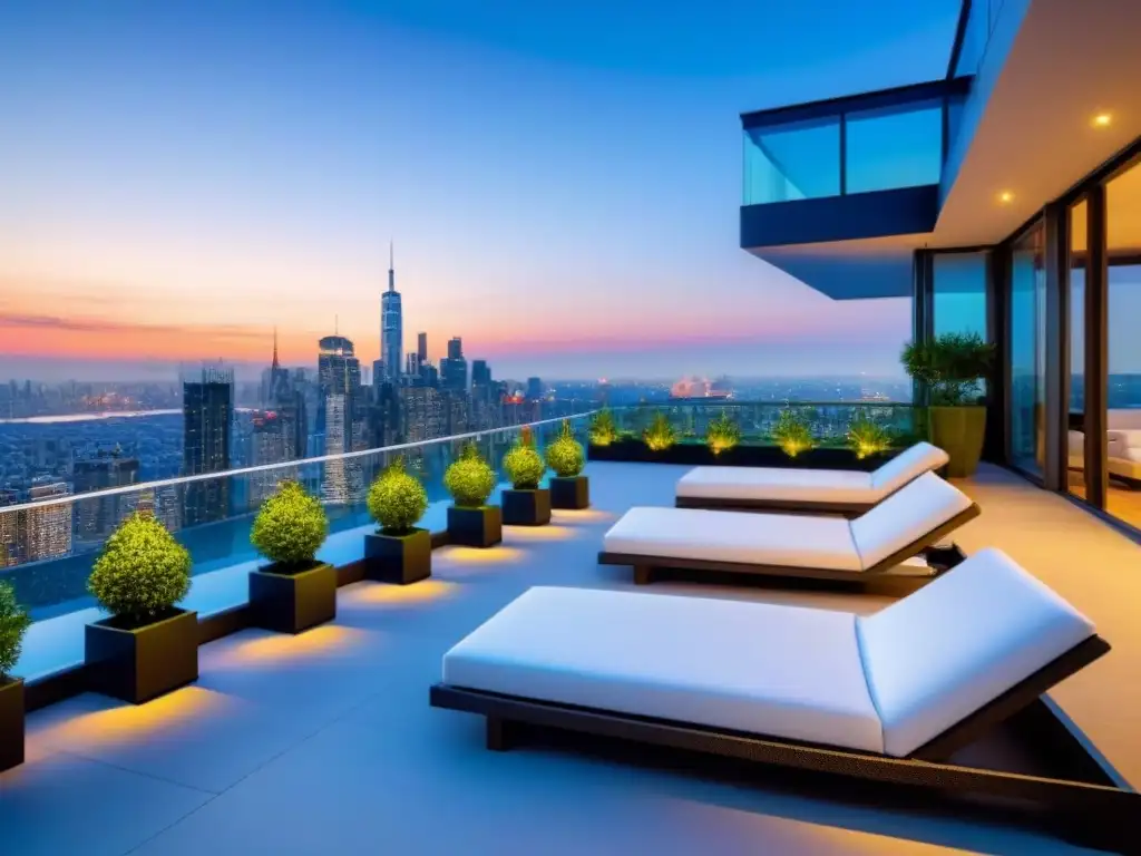 Penthouse de lujo con vista panorámica al atardecer Penthouse moderno de lujo con terraza y vista a la ciudad al atardecer, ideal para estrategia salida inversión inmobiliaria