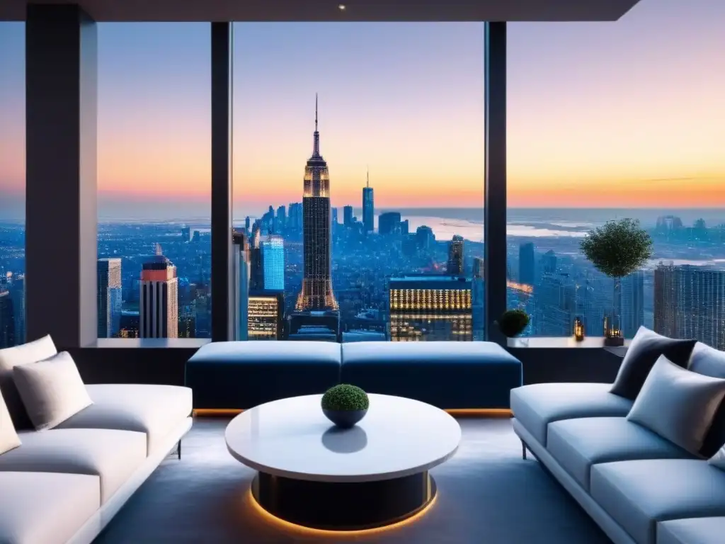 Penthouse de lujo con vistas al atardecer en la ciudad Un penthouse moderno de lujo con vista a la ciudad al atardecer, elegante y sofisticado