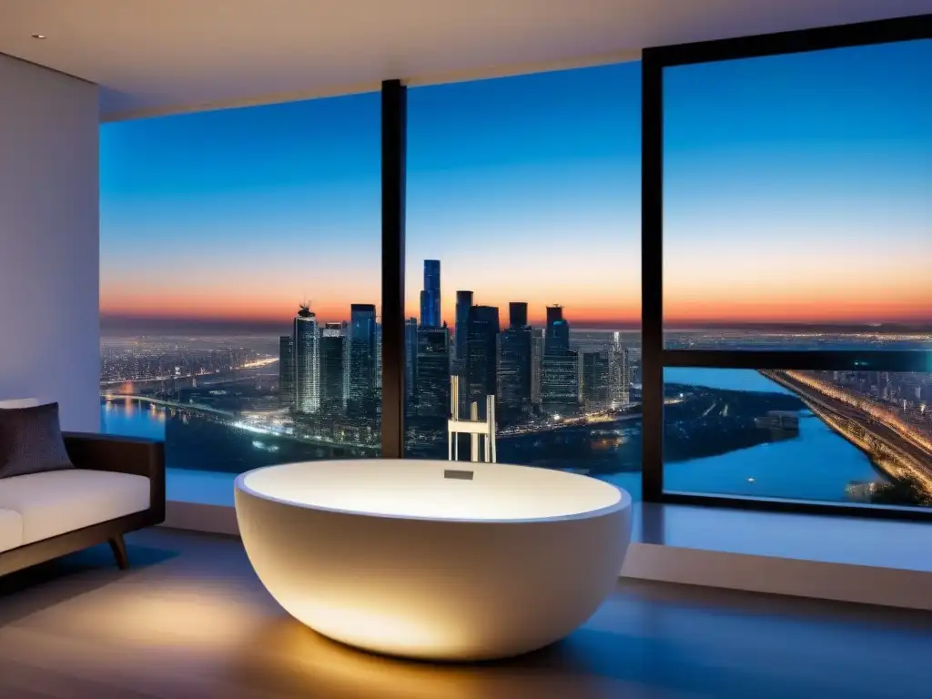 Penthouse de lujo con vista panorámica nocturna de la ciudad Un penthouse moderno de lujo con vista panorámica nocturna de la ciudad