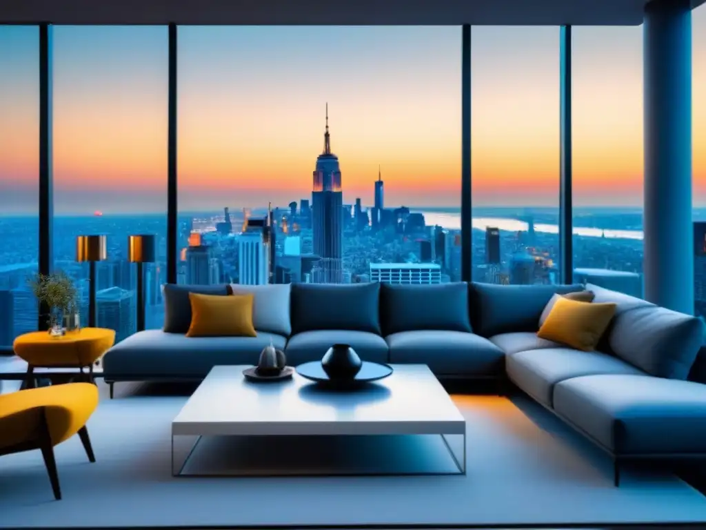 Penthouse de lujo con vistas panorámicas a la ciudad Penthouse moderno de lujo con vista a la ciudad, decorado con muebles y arte contemporáneo, ideal para estrategias de inversión en inmuebles de lujo
