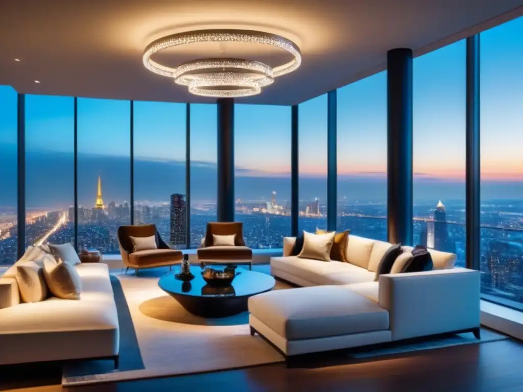 Penthouse de lujo con vista panorámica a la ciudad Un penthouse moderno de lujo con vista a la ciudad, decorado con elegancia y sofisticación, ideal para estrategias de inversión en inmuebles de lujo