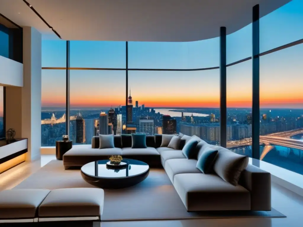 Penthouse de lujo con vista panorámica nocturna de la ciudad Un penthouse moderno de lujo con vista panorámica a la ciudad de noche