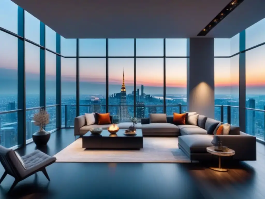 Penthouse de lujo con vista panorámica a la ciudad y terraza con jacuzzi Penthouse moderno de lujo con vista a la ciudad y terraza elegante