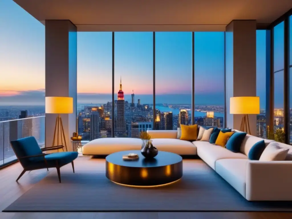 Penthouse de lujo con vista a la ciudad al anochecer Un penthouse moderno de lujo con vista a la ciudad al atardecer