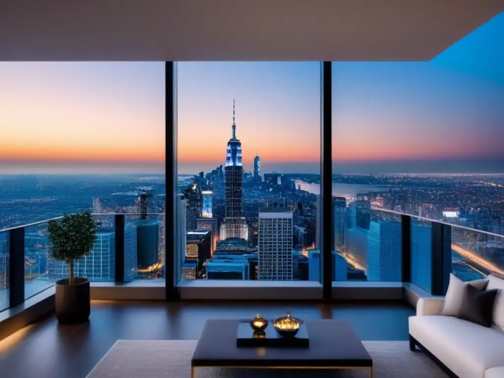 Penthouse de lujo con vistas panorámicas a la ciudad Un penthouse moderno de lujo con vista a la ciudad, diseño contemporáneo y terraza panorámica