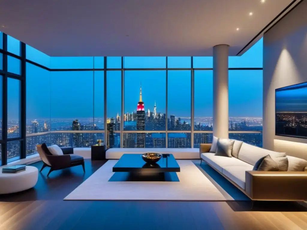 Penthouse de lujo con vista panorámica en la ciudad al atardecer Un penthouse moderno de lujo con vistas a la ciudad al anochecer