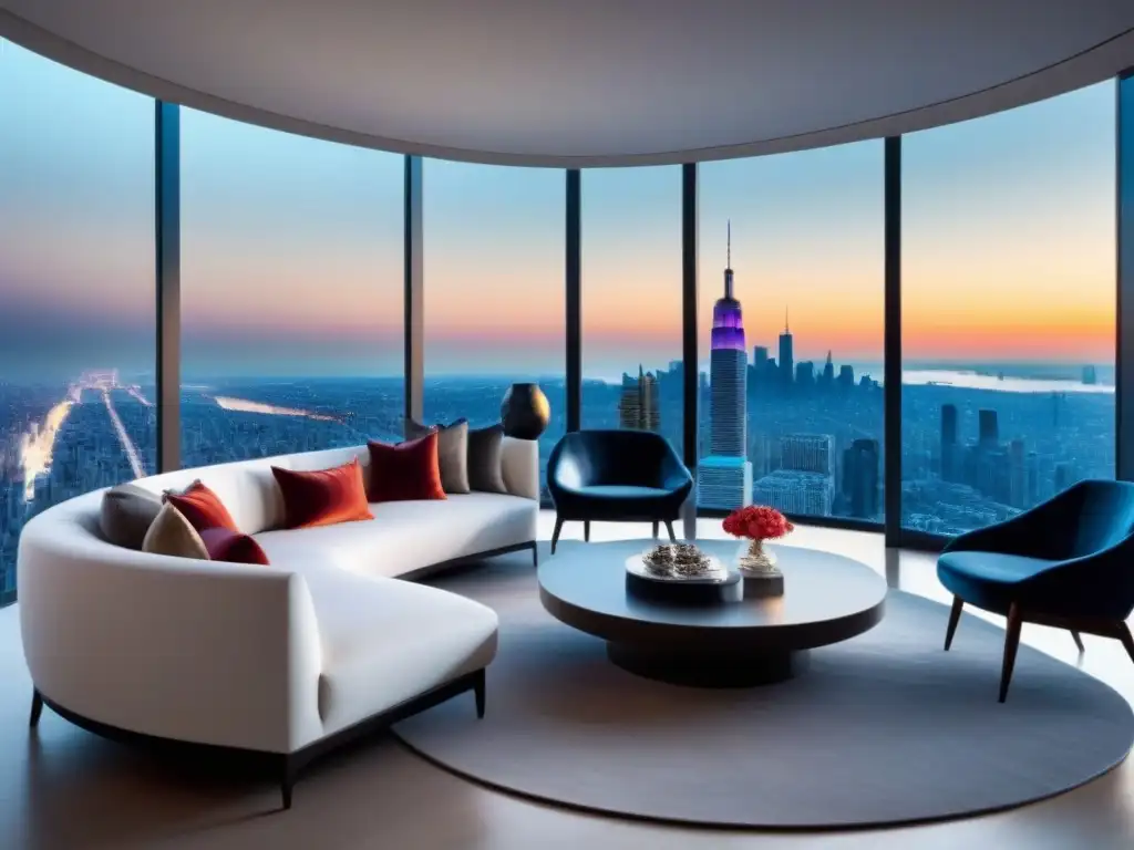 Penthouse de lujo con vistas panorámicas en ciudad vibrante Un penthouse moderno y lujoso con vista a la ciudad, decorado elegante y sofisticado