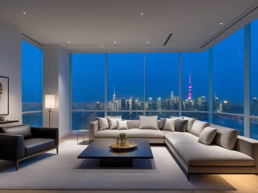 Penthouse de lujo con vista panorámica y diseño contemporáneo Un penthouse moderno y lujoso con vista urbana, decoración elegante y tecnología de vanguardia