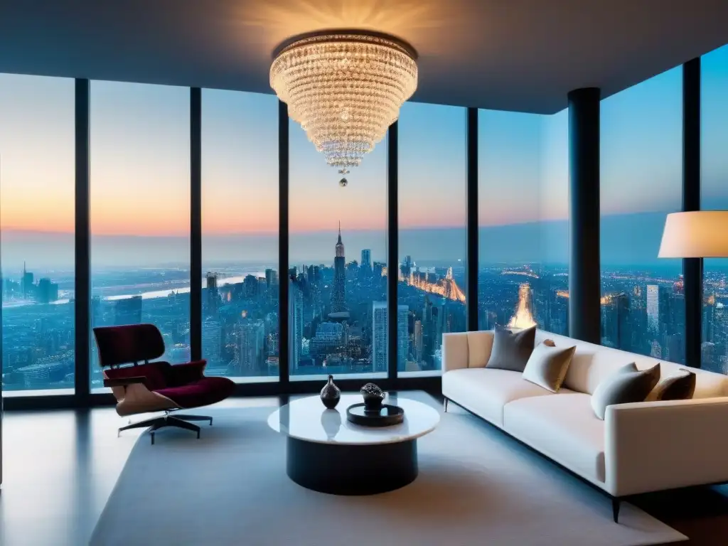 Penthouse de lujo con vistas panorámicas y sofisticación moderna Un penthouse moderno y lujoso con vista a la ciudad, muebles contemporáneos y detalles elegantes