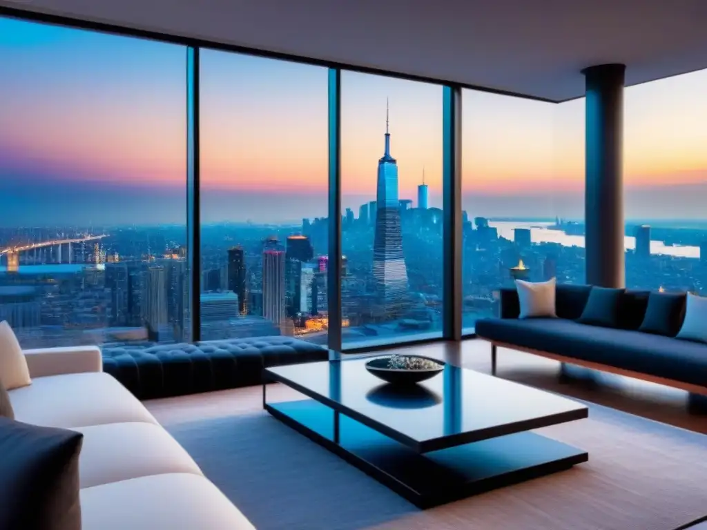 Penthouse de lujo con vistas panorámicas a la ciudad Un penthouse moderno y lujoso con vista a la ciudad, diseño elegante y terraza panorámica