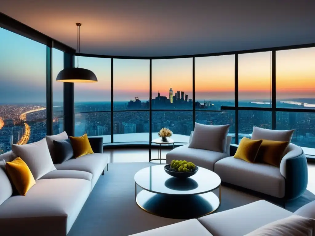 Penthouse de lujo con vista a la ciudad al anochecer Un penthouse moderno y lujoso con vistas a la ciudad al anochecer