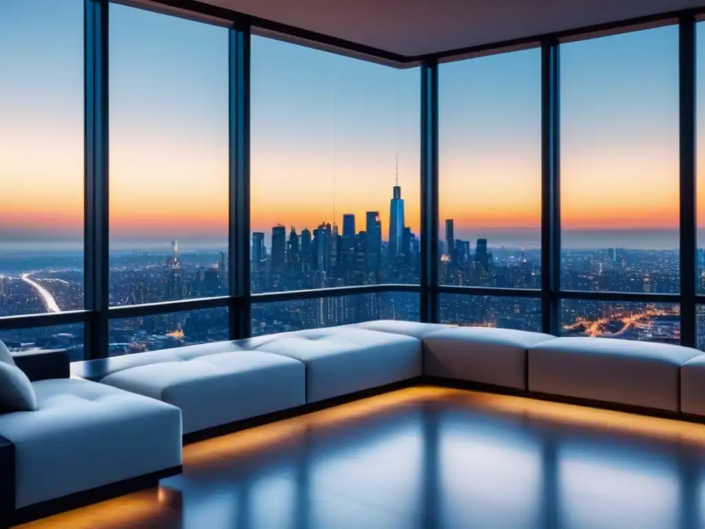 Penthouse de lujo: diseño sofisticado en la ciudad Un penthouse moderno y lujoso con vistas a la ciudad, diseño sofisticado y terraza panorámica