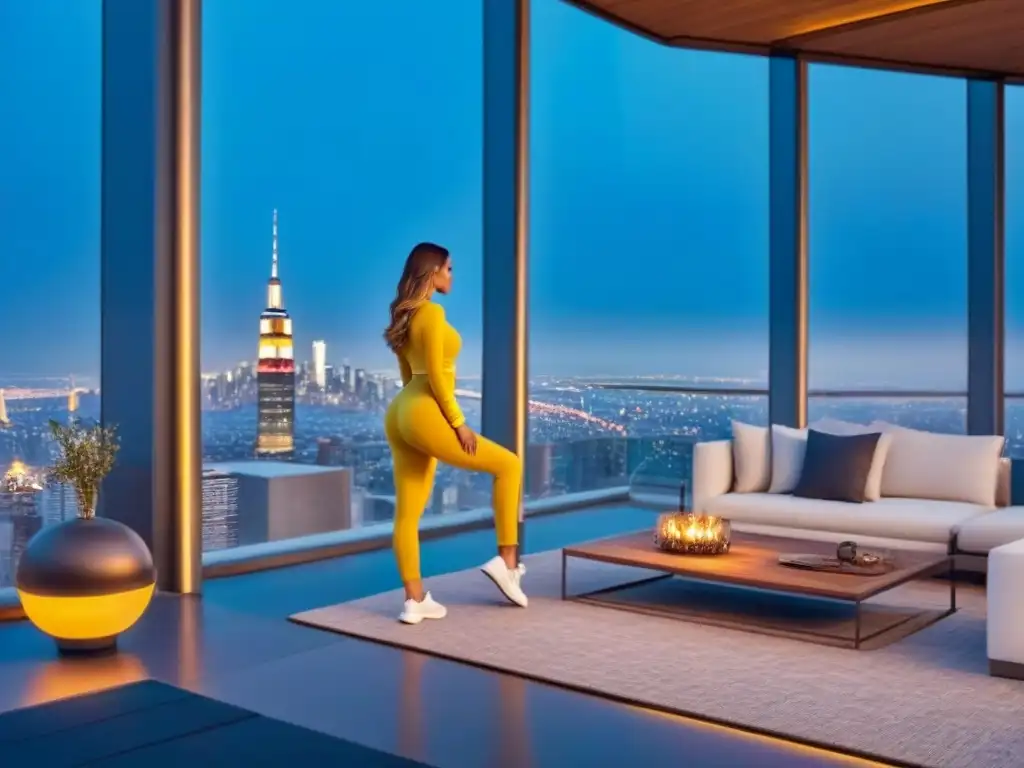 Penthouse de lujo con vista panorámica al atardecer Penthouse moderno con vista a la ciudad al atardecer, diseño contemporáneo y terraza espaciosa con muebles elegantes