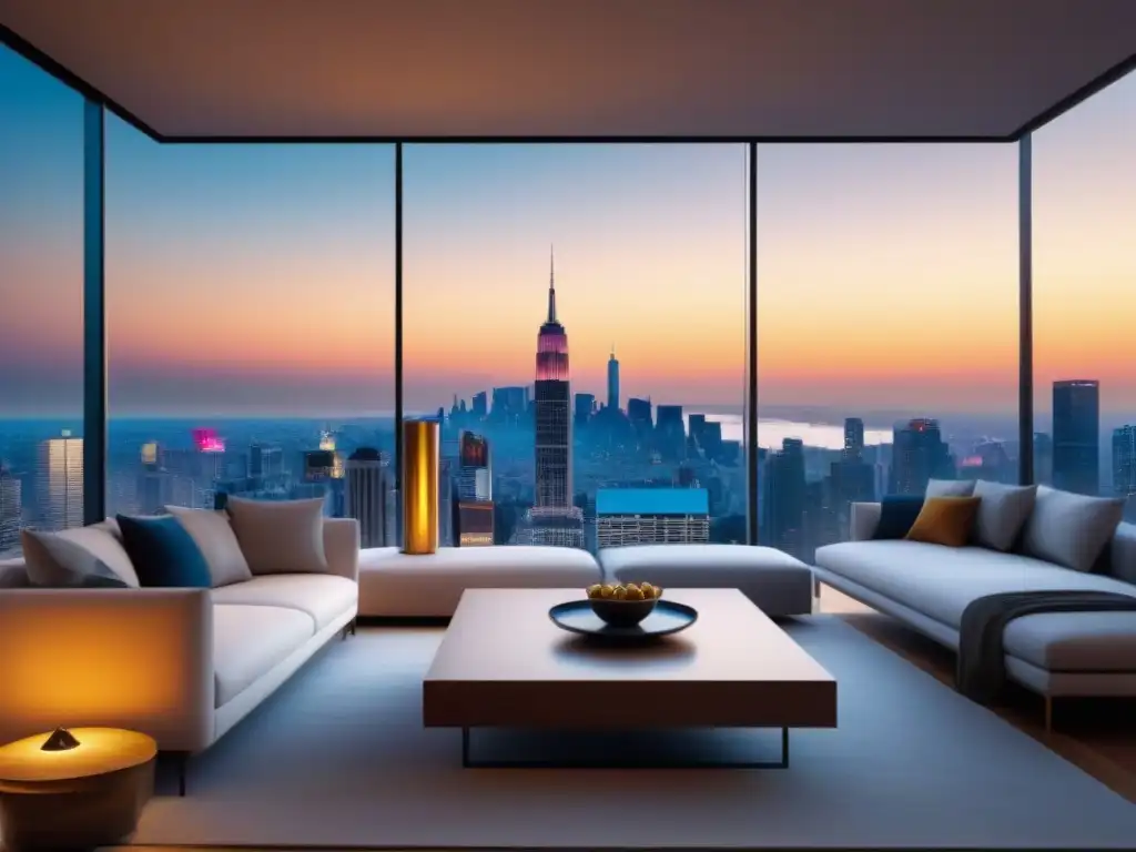 Exclusivo penthouse con vistas a la ciudad al atardecer Un penthouse moderno con vista a la ciudad al atardecer