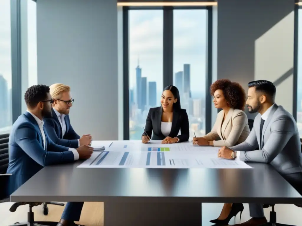 Inversores colaboran con profesional inmobiliario en moderna oficina Pequeños inversores colaboran en crowdfunding inmobiliario en oficina contemporánea