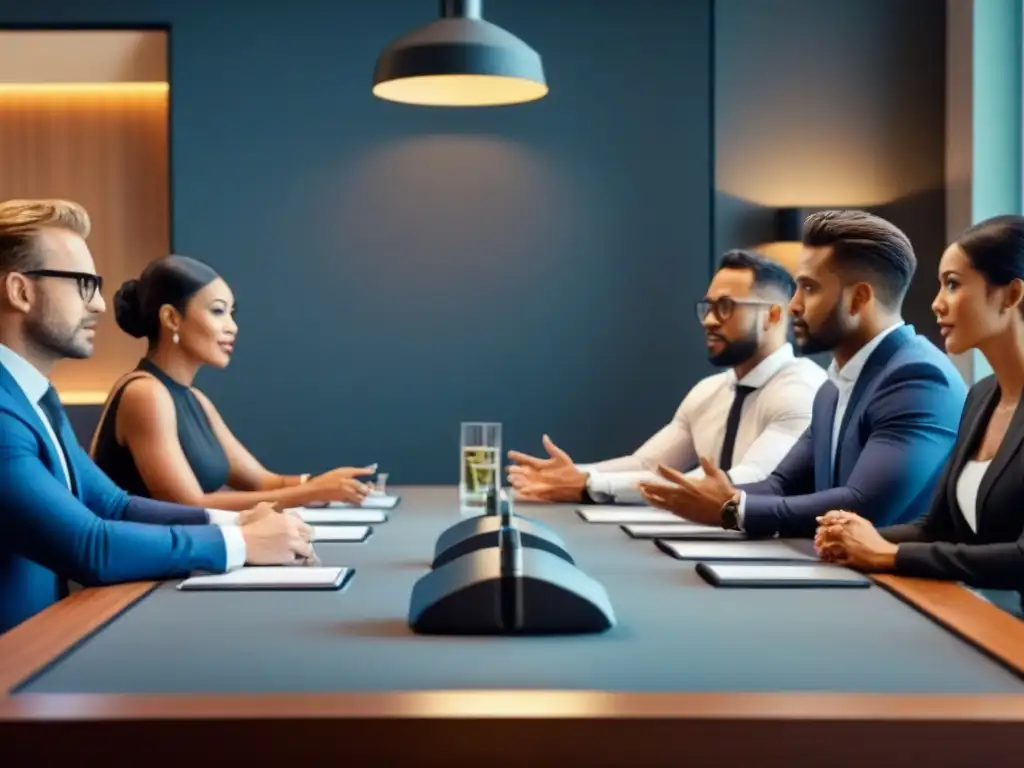 Inversores entusiastas diversificados en mesa de negocios ultradetallada Pequeños inversores debaten entusiasmados oportunidades de crowdfunding inmobiliario en moderna sala de juntas