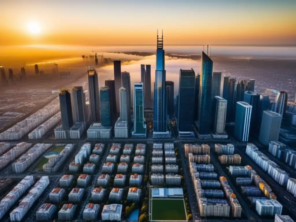 Horizonte urbano al atardecer: inversión inmobiliaria de alto potencial La perfecta armonía entre rentabilidad y riesgo en inversiones inmobiliarias, reflejada en la impactante vista aérea de la ciudad al atardecer