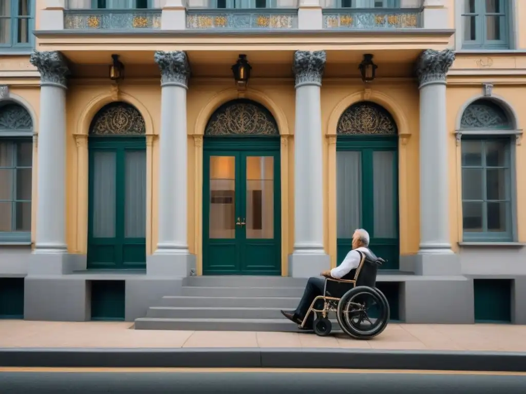 Fachada histórica con rampa de accesibilidad moderna La perfecta integración de accesibilidad en edificios históricos, simbolizando modernización