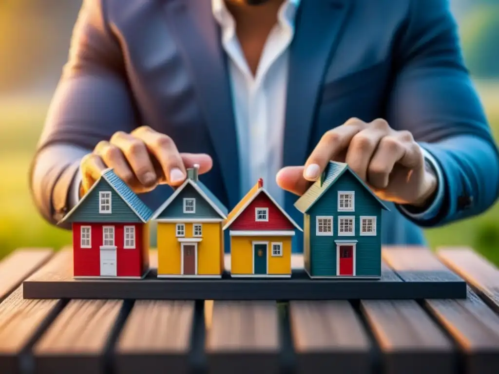 Equilibrio de propiedades: arte de la palanca en inversión inmobiliaria Persona equilibrando casas en balanza, simbolizando apalancamiento en bienes raíces