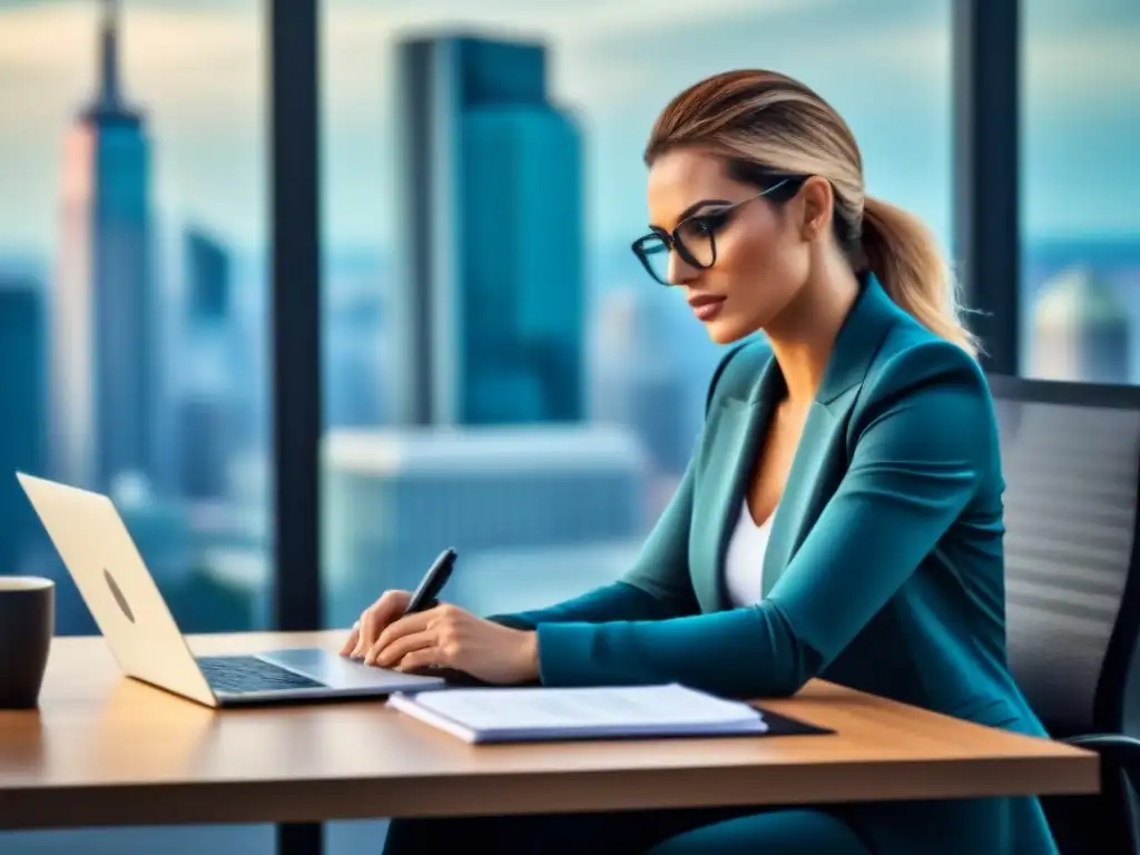 Preparación para negociación en ciudad moderna Persona concentrada en una oficina moderna con vista a la ciudad, preparándose para negociar