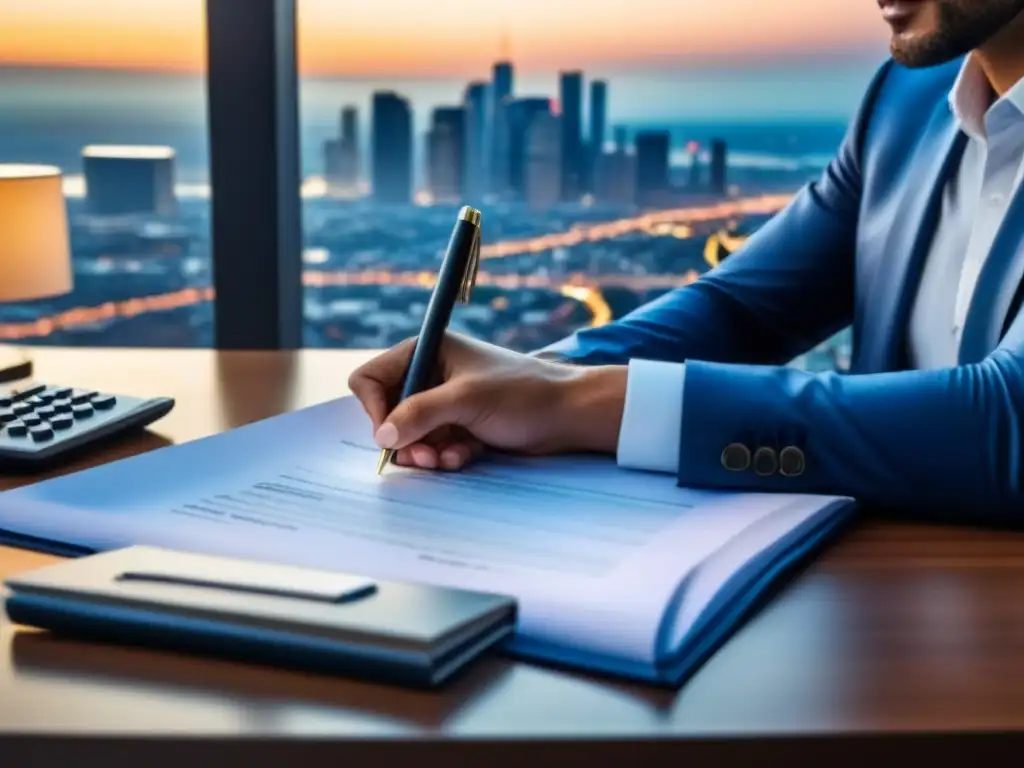 Firma de hipoteca en ciudad moderna Persona firmando contrato hipotecario en moderno escritorio, con documentos financieros y llaves, resaltando la importancia