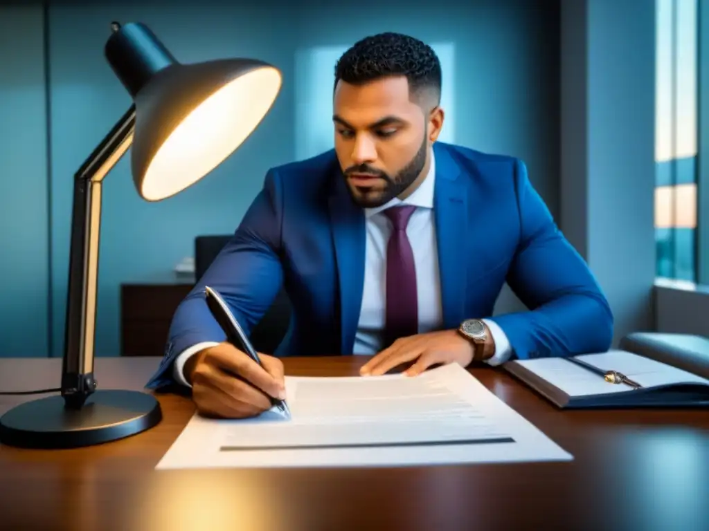 Examinando contrato inmobiliario: detalle y concentración Persona examinando contrato inmobiliario detallado bajo lámpara, expresión concentrada