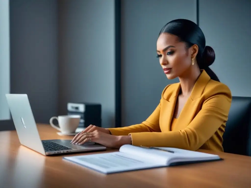 Análisis financiero con determinación en un espacio moderno y sereno Persona enfocada analizando documentos financieros y gráficos en elegante escritorio con laptop