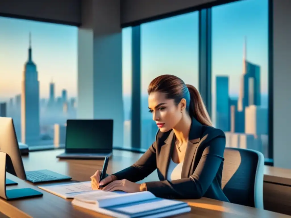 Análisis de refinanciamiento hipotecario en oficina moderna Persona enfocada analizando opciones de refinanciamiento en oficina moderna con vistas a la ciudad