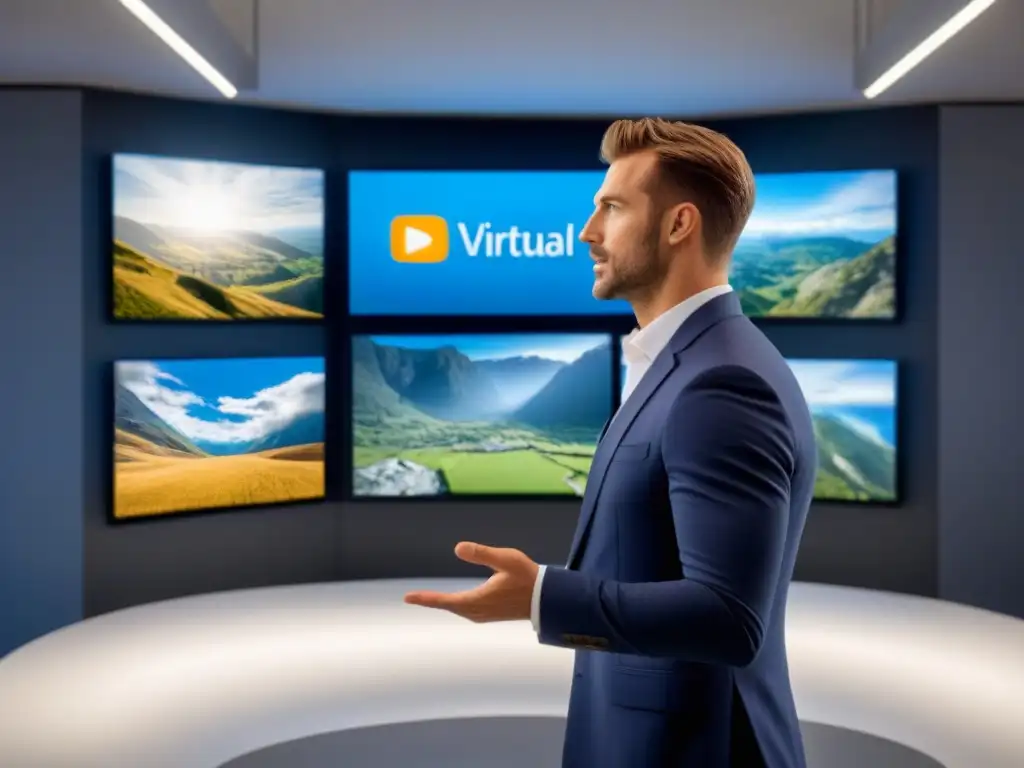 Profesional inmerso en tour virtual de alta calidad Persona profesional en tour virtual, entusiasmada frente a pantalla inmersiva en moderna oficina