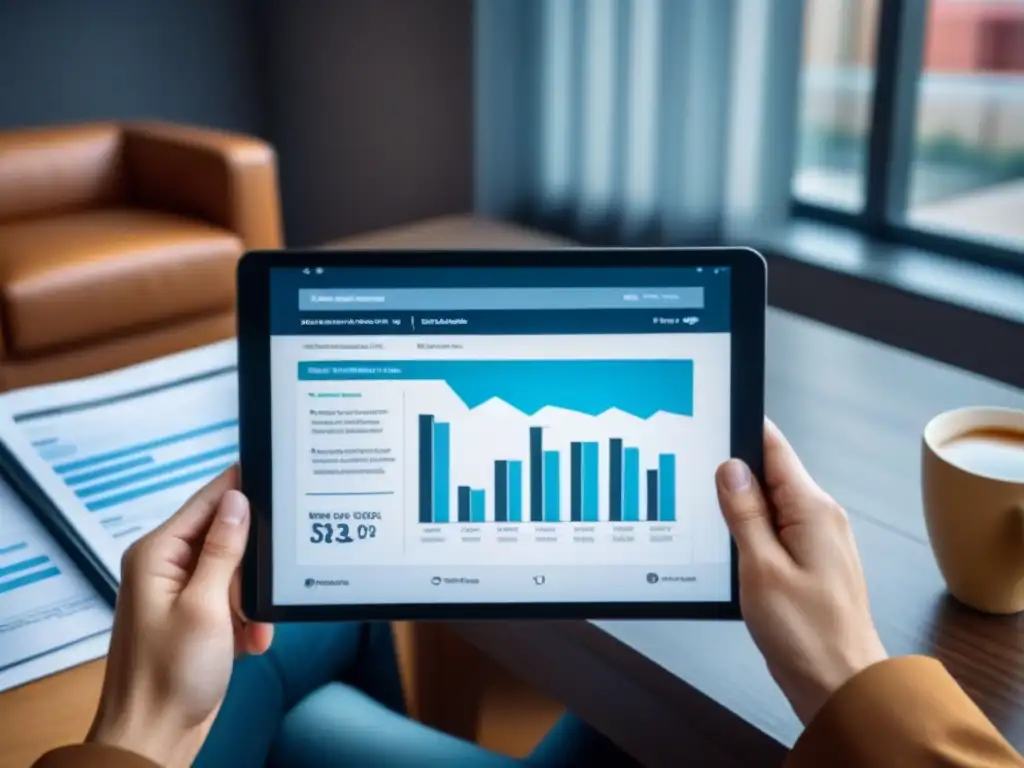 Estudio de propiedades embargadas en tablet: Profesionalismo y Futuro Persona estudiando propiedades de remate en tablet, rodeada de gráficos y documentos financieros, reflejando profesionalismo y educación