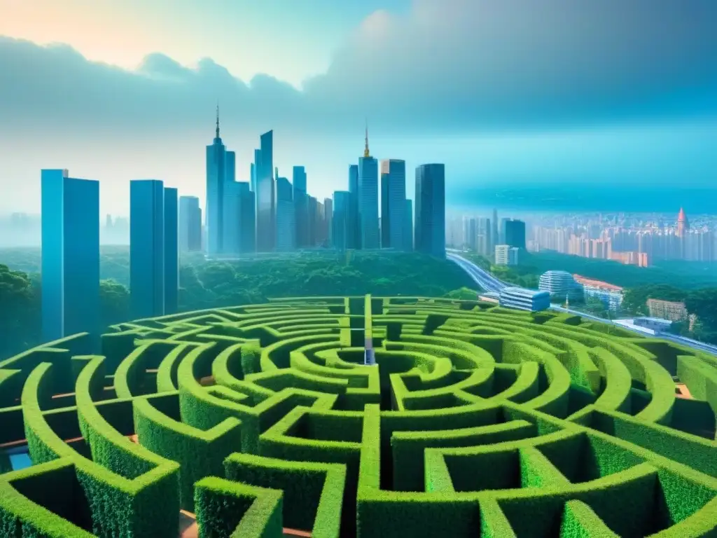 Persona segura resolviendo laberinto financiero en ciudad moderna Persona segura en laberinto de documentos financieros con ciudad en azules y verdes