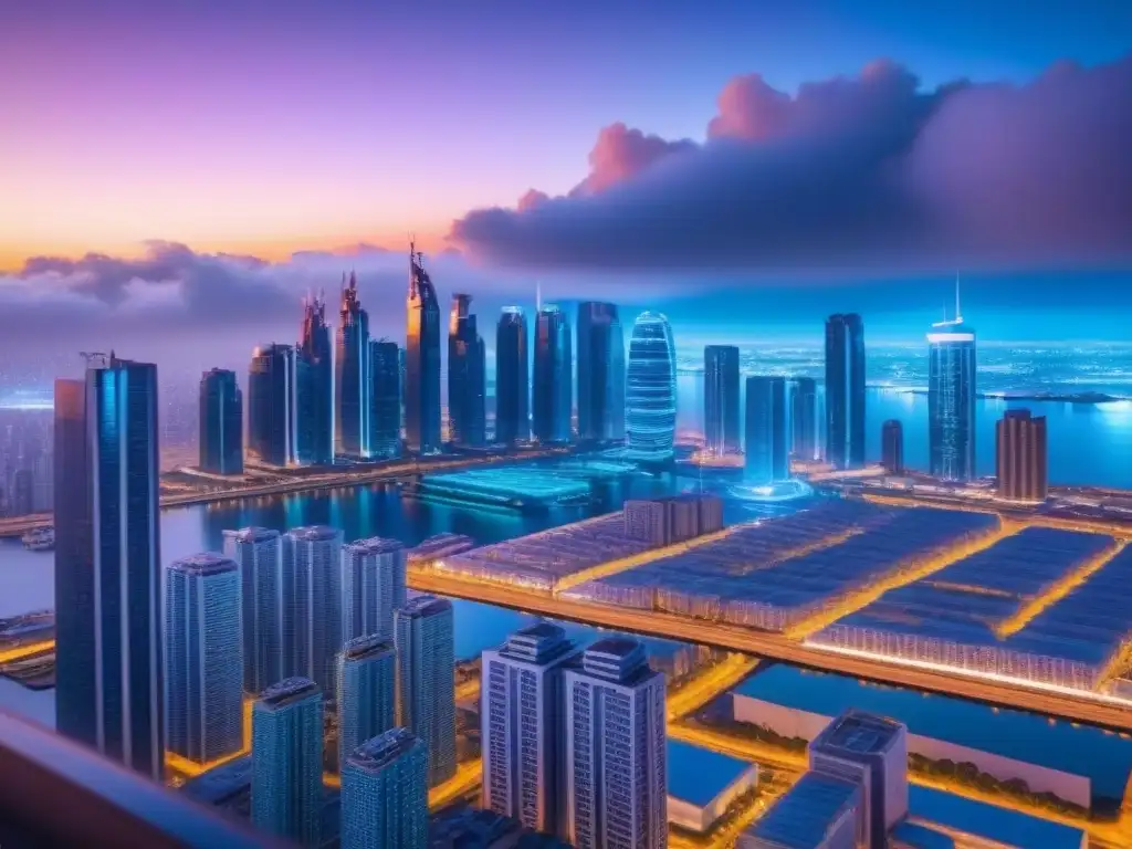 Inversión estratégica en real estate en ciudad futurista Persona analizando tendencias de mercado en ciudad futurista al anochecer, destacando rascacielos y luces neón
