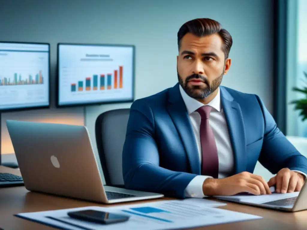 Profesional analizando opciones de refinanciamiento hipotecario Persona en traje analizando opciones de refinanciamiento, rodeada de documentos financieros en una oficina moderna