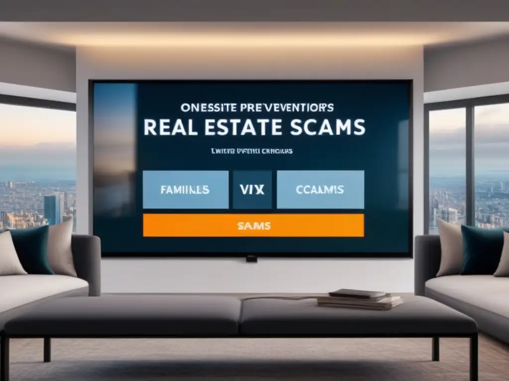 Prevención estafas inmobiliarias: pantalla digital advierte a grupo diverso Diversas personas atentas a señales de alerta estafas inmobiliarias en pantalla digital interactiva