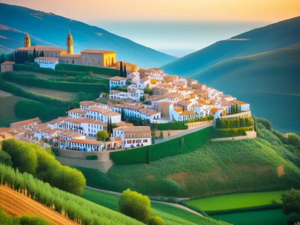 Pintoresco pueblo español: casas de terracota y calles empedradas en las colinas Un pintoresco pueblo español entre colinas, casas terracota y calles empedradas