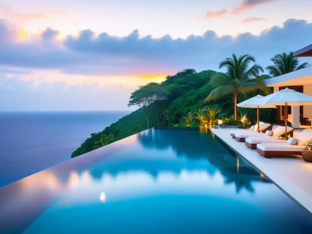 Piscina infinita de lujo con vista al mar en México Piscina infinita de lujo en México con vista al mar, rodeada de palmeras y mobiliario elegante