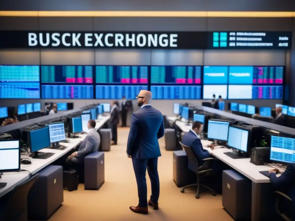 Escena frenética de la bolsa de valores: decisión ágil y estrategias de inversión En el piso de la bolsa de valores, traders en trajes ejecutivos y pantallas con datos bursátiles