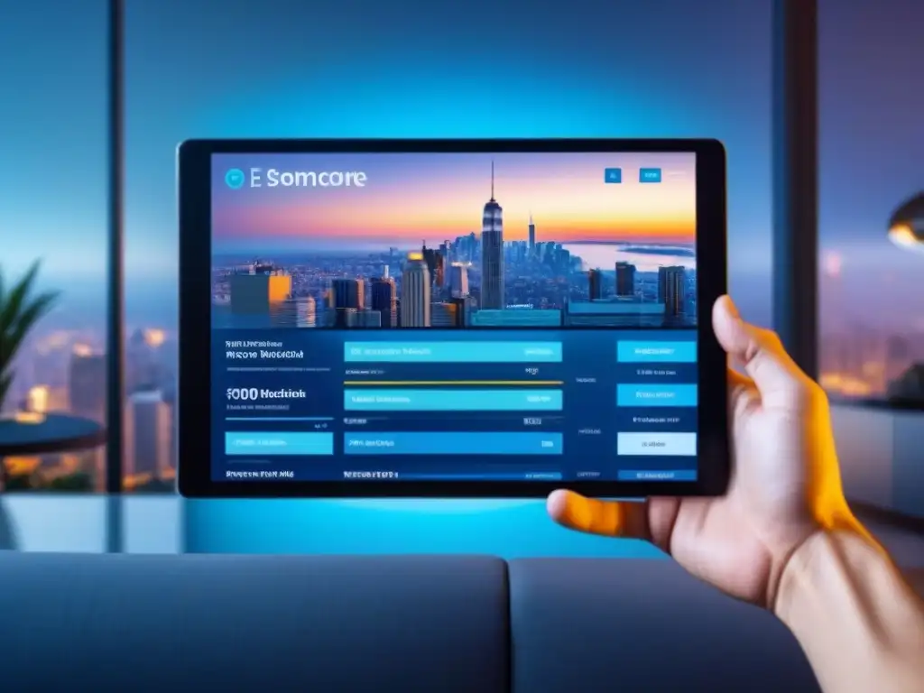 Plataforma digital de inversión inmobiliaria: interfaz futurista en 8k Una plataforma online futurista para invertir en bienes raíces, con gráficos interactivos y herramientas de seguimiento en tiempo real