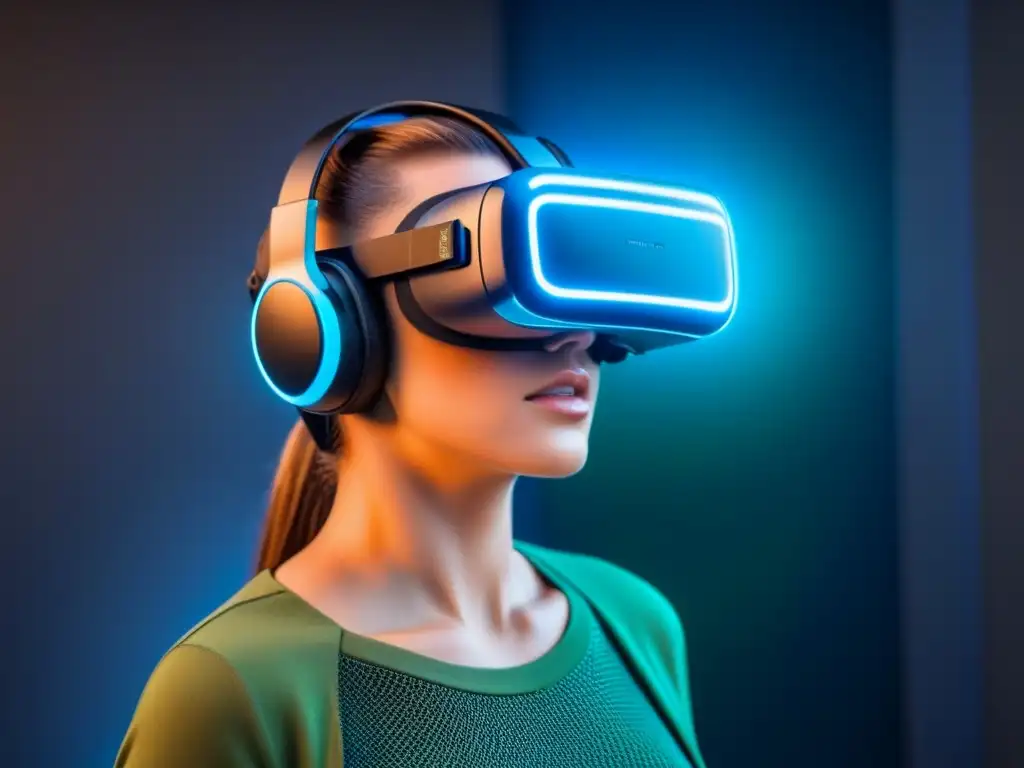 Headset de realidad virtual: tecnología futurista en 8k Plataformas virtuales tours propiedades: Headset futurista en circuitos neón, innovación tecnológica