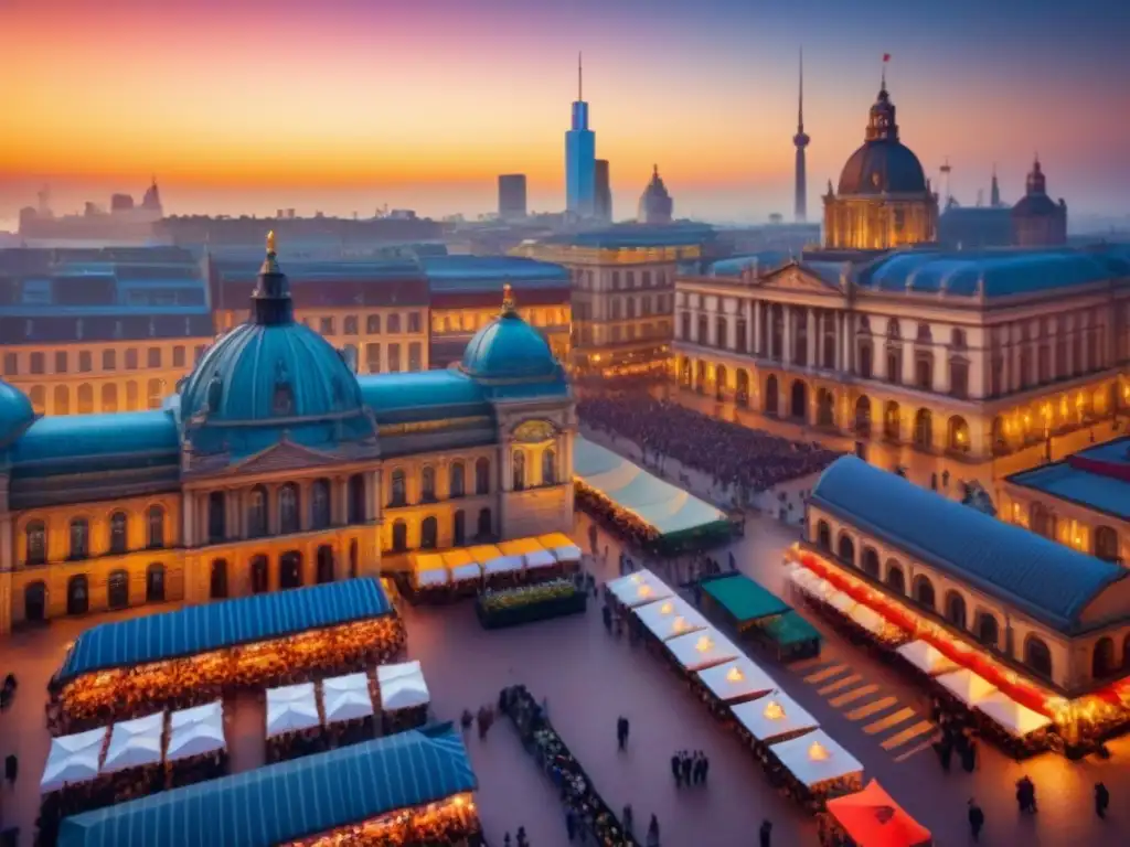 Plaza bulliciosa con edificios históricos y modernos bajo un vibrante atardecer