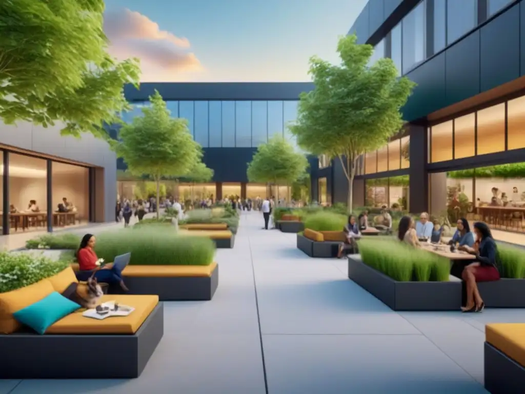 Plaza comercial moderna con naturaleza exuberante y diversidad cultural Plaza comercial con áreas verdes, arquitectura moderna y diversidad de personas disfrutando actividades al aire libre