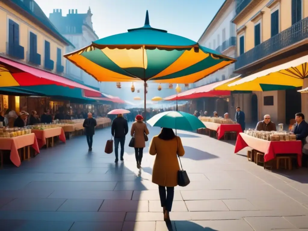 Plaza urbana vibrante al atardecer: turistas, locales y mercados Una plaza urbana vibrante y multicultural con turistas y lugareños bajo sombrillas coloridas, reflejando la planificación urbana para atraer turistas